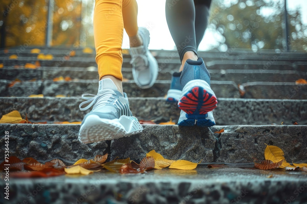 An eye-catching view of runners' colorful shoes and dynamic motion against a backdrop of fall leaves, emphasizing movement and seasonal beauty An eye-catching view of runners' colorful shoes and dynamic motion against a backdrop of fall leaves, emphasizing movement and seasonal beauty