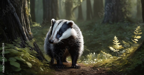 A badger in a natural forest setting. The badger has distinctive black and white fur and is walking on a path covered with dried leaves. Sunlight filters through the dense trees.