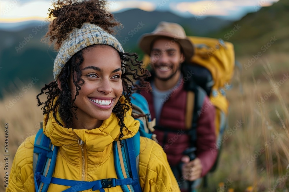 An adventurous couple smiling during a hike in the mountains, showcasing the bond of outdoor activities An adventurous couple smiling during a hike in the mountains, showcasing the bond of outdoor activities