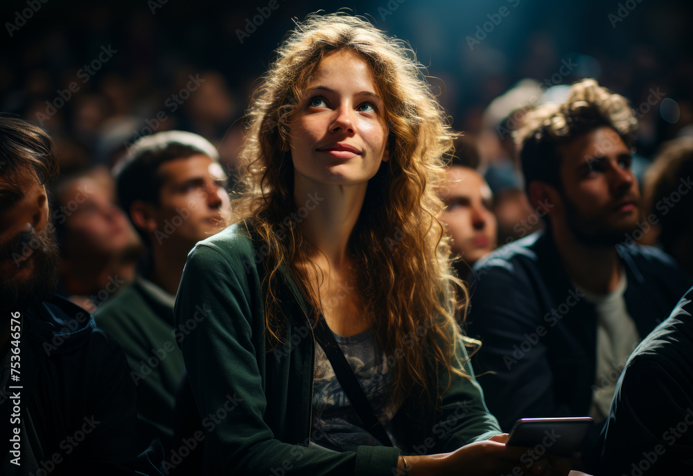 Woman sitting in crowd of people
