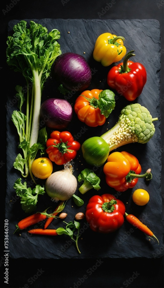 Vegetables set to the left of a black slate, vibrant, Colorful gradient splash, hd, 4k, high-quality, highly detailed, photorealistic, RAW, high quality, dynamic lighting, sharp focus, ultra realistic