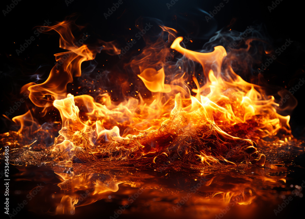 Fire flames with sparks on black background Fire flames with sparks on black background