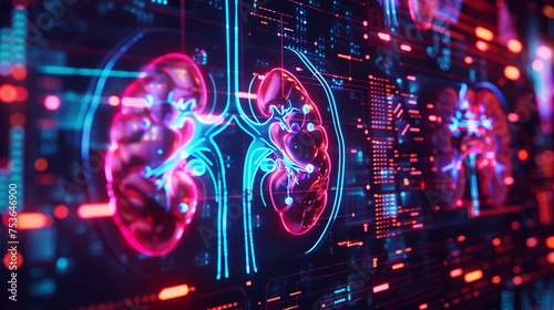 a pair of human kidneys with advanced diagnostics and holographic displays