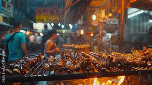 festival street food atmosphere elements. The hustle and bustle of a street food stall, colorful signs and the anticipation of hungry festival goers eagerly awaiting their delicious ribs.