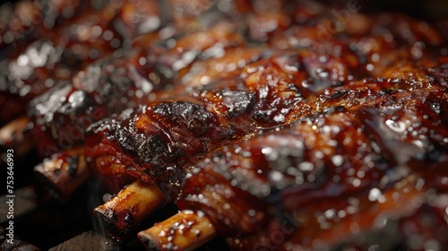 texture and detail of grilled pork ribs, highlighting the charred edges, caramelized glaze and tender meat. Close-up.
