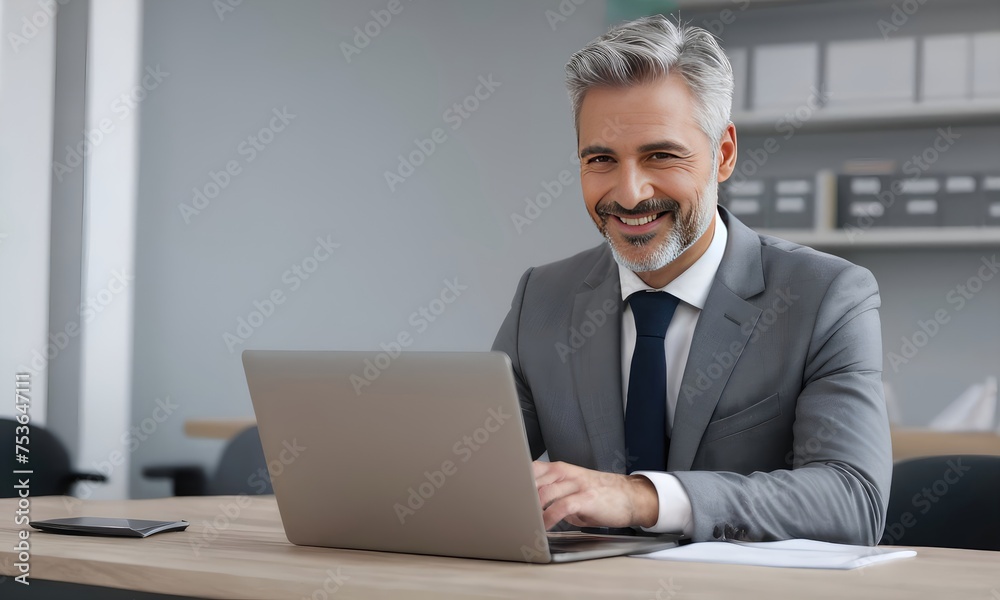 Smiling man,looking handsome in business suit, sits at table with laptop in office .Promotional materials for business seminars, workshops ,conferences to convey corporate and educational theme Smiling man,looking handsome in business suit, sits at table with laptop in office .Promotional materials for business seminars, workshops ,conferences to convey corporate and educational theme