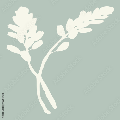 Handmade linocut sprig wildflower vector motif clipart in folkart scandi style. Simple monochrome block print shapes with woodcut white chic effect.