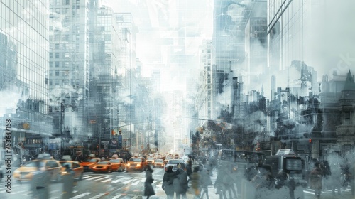 A digital graphic of a bustling urban area overlaid with CO2 emissions graphics to depict pollution.