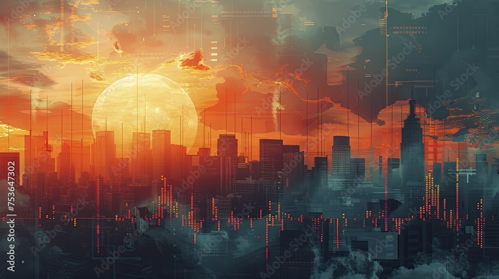 A digital graphic of a chart showing global temperature rise over the past century with a city silhouette background.