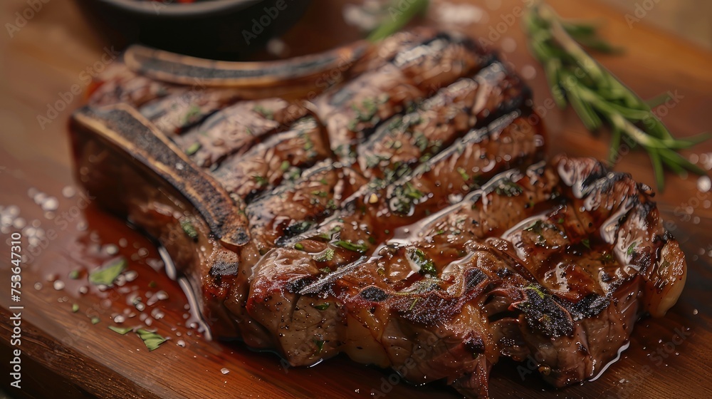 the juiciness of T-bone beef steaks, with close-up shots that highlight the tenderness of the meat and the flavorful juices. Shiny surface of steaks.