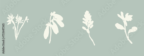 Handmade linocut sprig wildflower collection vector motif clipart in folkart scandi style. Simple monochrome block print shapes with woodcut white chic effect set. photo