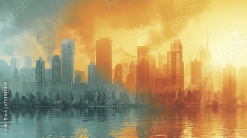 A digital graphic illustrating a city during various climate events (heatwave, flood, smog) to demonstrate heightened occurrence.