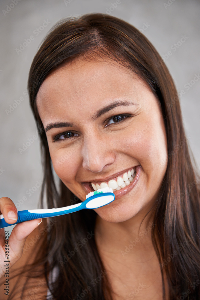 Brushing teeth, smile and woman for dental with toothpaste, health and wellness for plaque and dentistry for gum care. Young person, happy and portrait for breath and clean for mouth and results Brushing teeth, smile and woman for dental with toothpaste, health and wellness for plaque and dentistry for gum care. Young person, happy and portrait for breath and clean for mouth and results