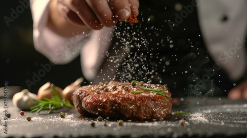 the movement of the cook's hands adding seasoning or salt to a meat steak, using a freeze-frame technique. This technique creates a sense of action and dynamism.