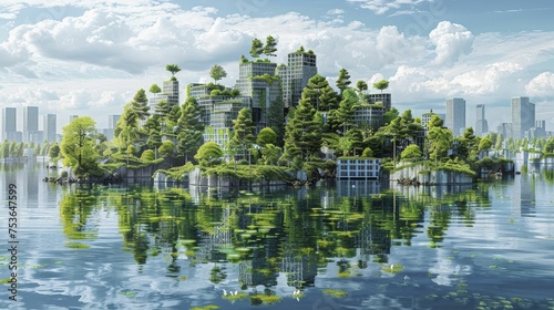 A digital graphic of a city with buildings made of water and trees, illustrating sustainable urban development.