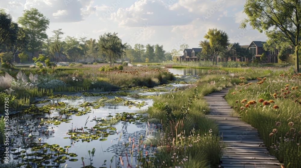 A digital image showcasing a community-led project to revive a nearby wetland for flood prevention.