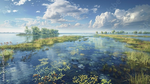 A digital illustration shows a coastal buffer zone with engineered ecosystems safeguarding inland areas. photo