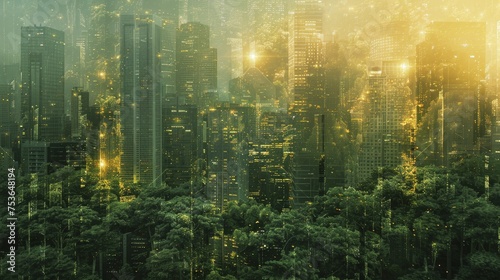 A digital graphic of a dense forest gradually turning into an urban cityscape to illustrate deforestation. © Kanisorn