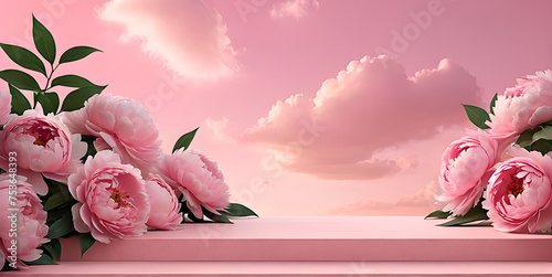 Empty podium showcase with pink peonies under dreamy pastel pink sky. Perfect for spring mockup or background. In the 3d style. photo