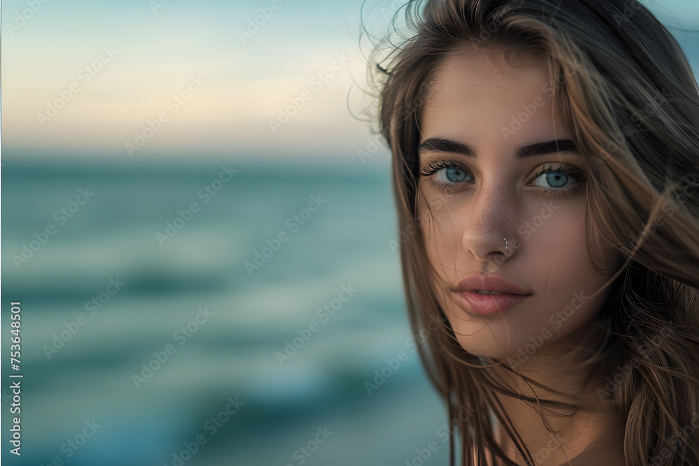 smiling beautiful girl on a blurred background of the sea, smiling and posing against the background of the sea and sunset sky smiling beautiful girl on a blurred background of the sea, smiling and posing against the background of the sea and sunset sky