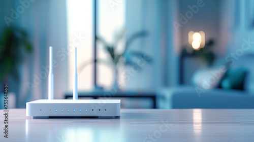 Tabletop with a modern white router for home Internet and television networks, online communications against the background of a light home interior with neon lighting and copy space