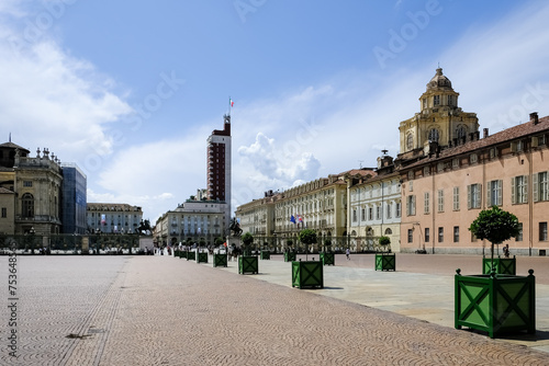 View of Piazza Castello, a prominent square with several important architectural complexes and perimeter of elegant porticoes and facades, Turin, Piedmont, Italy photo