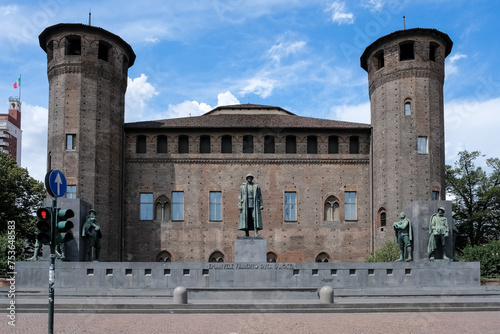 The monument to Emanuele Filiberto, Duke of D'Aosta, located in Piazza Castello, a prominent square housing several city landmarks, museums, theaters and cafes, Turin, Piedmont, Italy photo