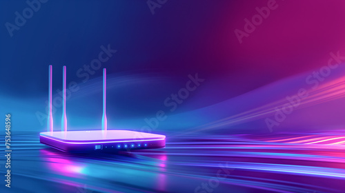 modern 5g router for home secure networks and online communication on a bright neon digital background with a gradient of blue and pink colors and copy space