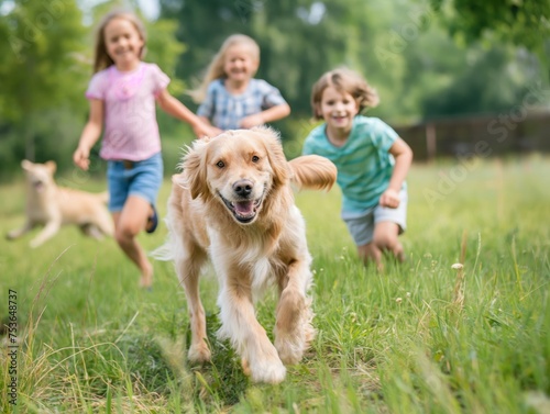 Happy kids and dogs running in a field, depicting friendship and joy.