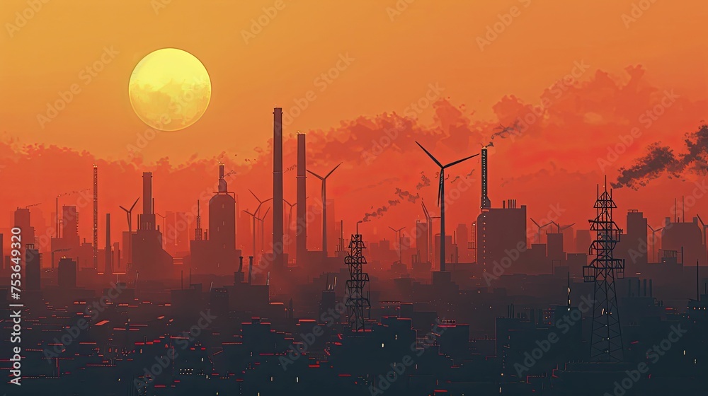 Fototapeta premium Digital art contrasts renewable energy with polluted industries in a minimalist style graphic.
