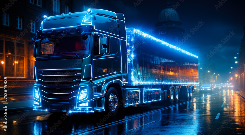 Truck driving on the road at night with blue lights