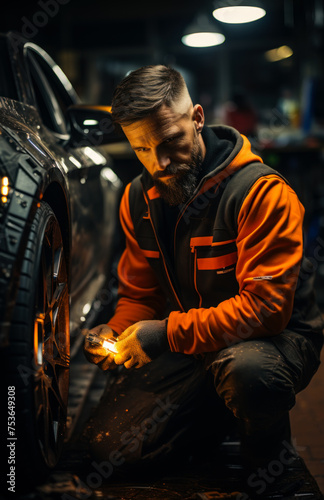 Mechanic is changing car wheel in workshop.