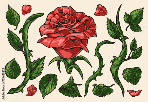 Scarlet rose set stickers colorful