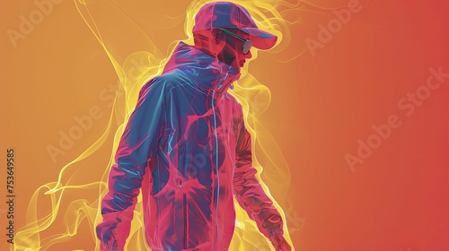 A digital graphic of a person wearing smart clothing that adjusts to changing external temperatures. photo