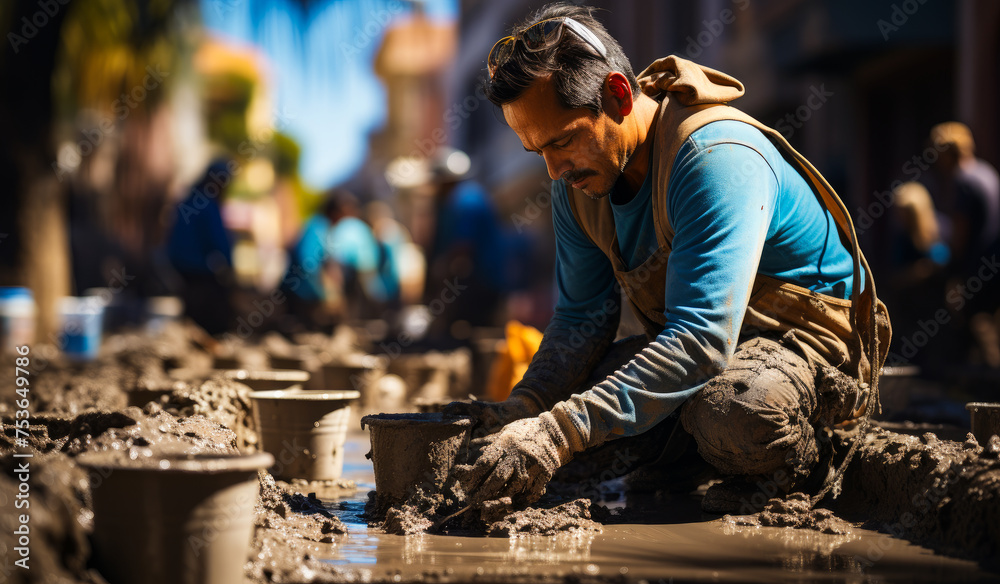 Man is working with mud and buckets Man is working with mud and buckets