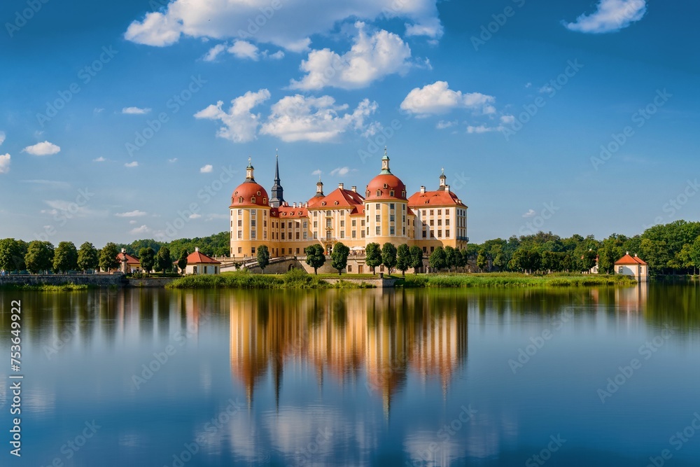 Beautiful view of Moritzburg Castle on the shore of a serene lake. Saxony, Germany