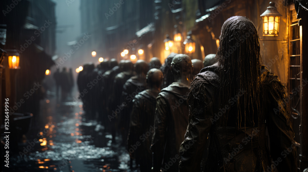 Aliens are walking through the wet city at night.
