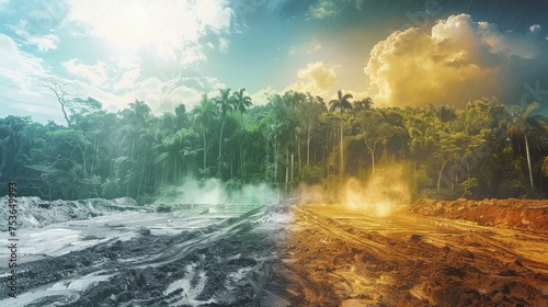 A digital graphic displaying a split image of a vibrant rainforest and a barren, mined land, illustrating resource exploitation. photo
