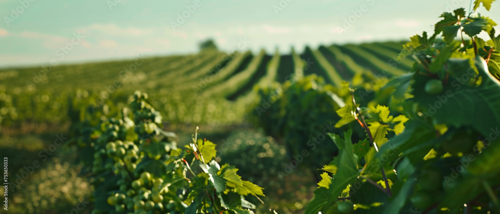 Lush vineyard rows under a clear sky, evoking the rich tradition of winemaking.