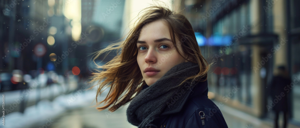 Windswept woman in the city exudes an air of urban elegance and mysterious allure. Windswept woman in the city exudes an air of urban elegance and mysterious allure.
