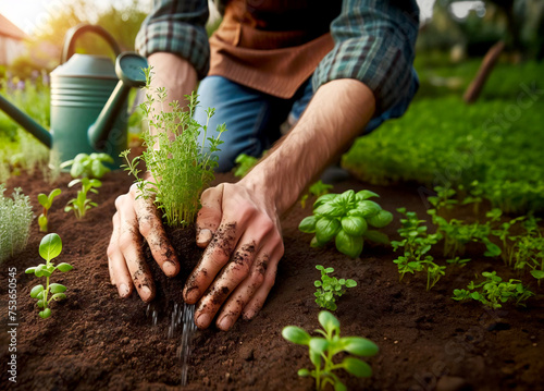 Ein Mann mit kariertem Hend pflanzt eine kleine Pflanze ins Gartenbett ein photo