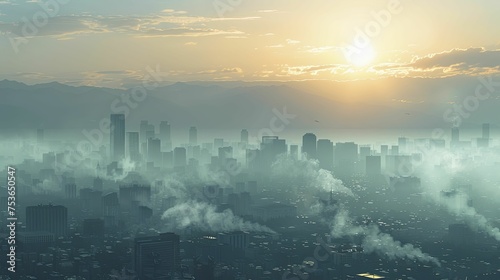 A digital graphic of an urban skyline with a smog layer  visualizing air quality issues in metropolitan areas.