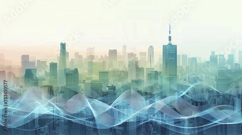 A digital image shows an urban skyline with sound waves illustrating noise pollution in the cityscape. photo