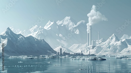 A digital graphic of melting glaciers with industrial smokestacks in the background, symbolizing climate change. © Kanisorn