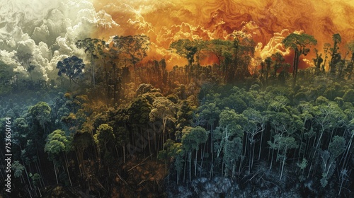 A digital graphic of satellite imagery showing deforestation progress over time in the Amazon rainforest.