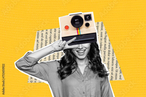 Sketch image artwork 3D photo collage of surreal picture young woman faceless instead instantly shoot polariod photo camera peace sign photo