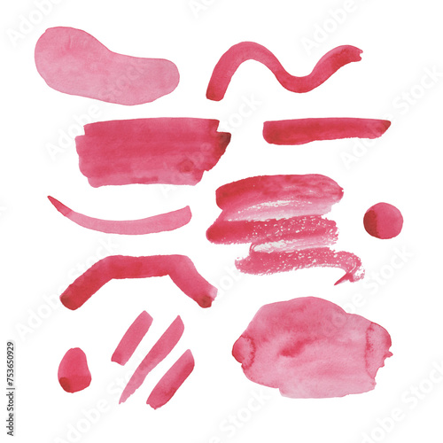 A set of red watercolor abstract brush strokes, spots and shapes. Hand drawing