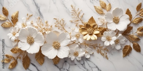 White and gold flowers and leaves on a marble background. Exquisite wedding texture for card, celebration, invitation, wallpaper. Delicate floral illustration.
