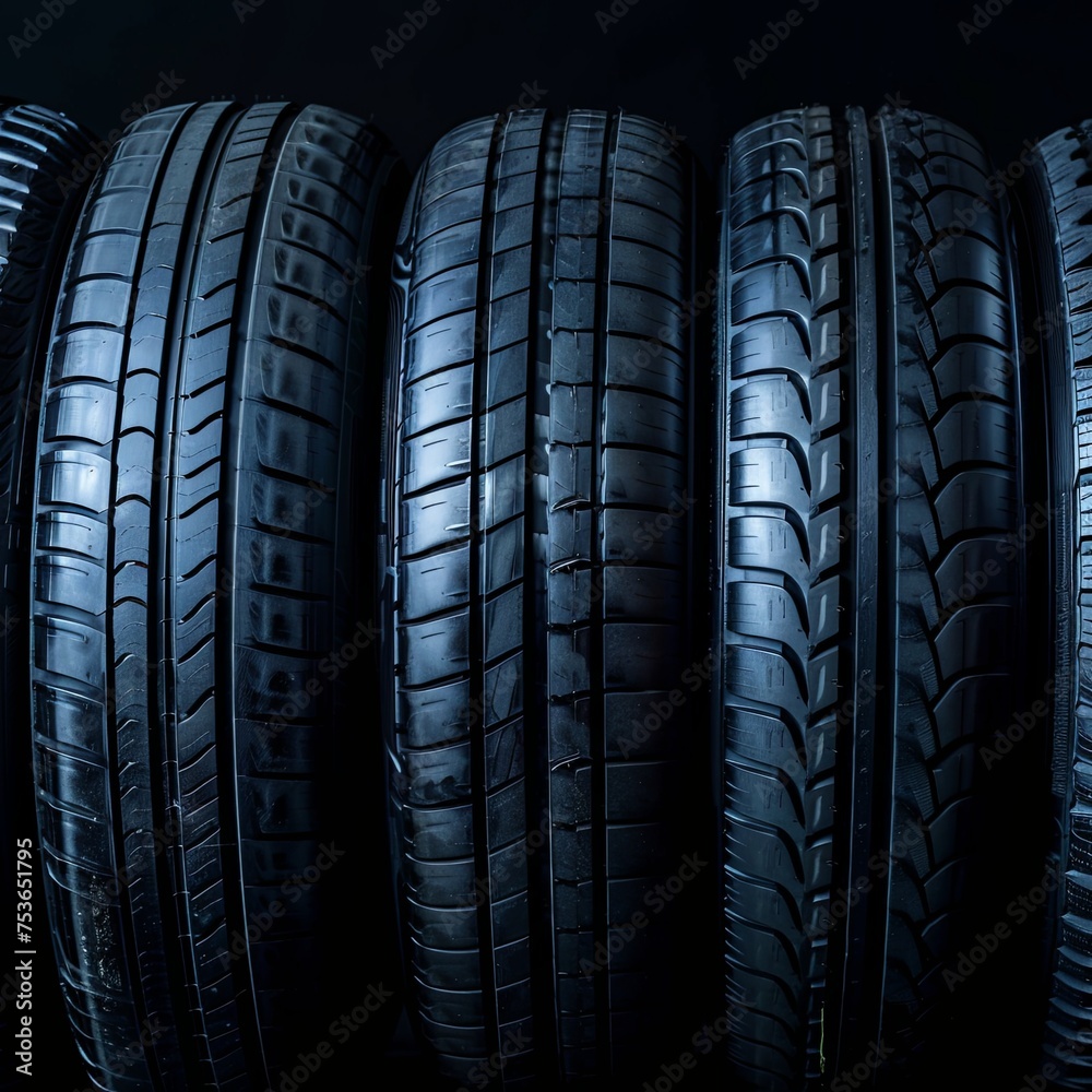 Car tires on a black background. auto repair shop. generative ai