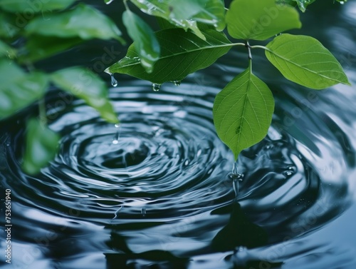 Fresh green leaves with dripping water creating ripples on a serene pond surface.